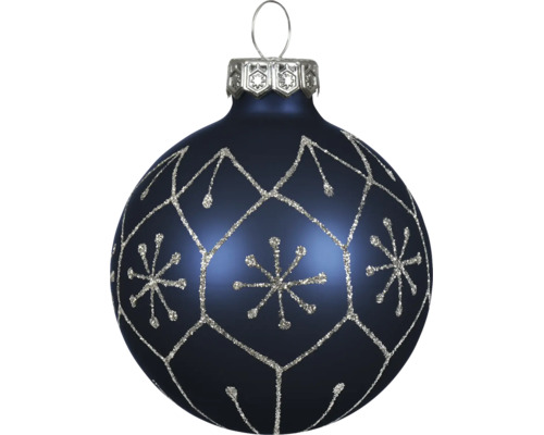 Donkerblauwe kerstbal met een zilveren glitterpatroon van ruiten en sneeuwvlokken.