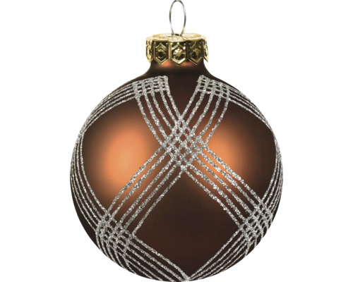 Bruine glazen kerstbal met een zilveren ruitpatroon van glitters.