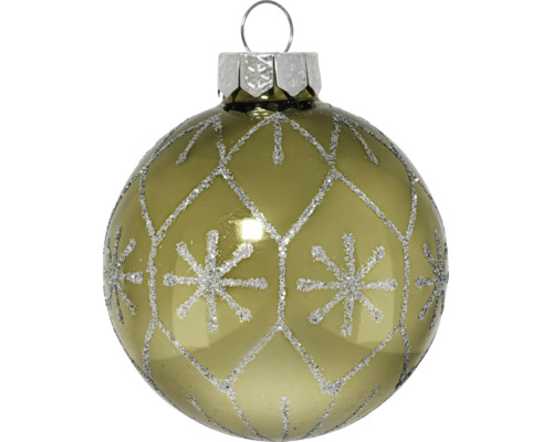 Groene glazen kerstbal met zilveren glitterpatroon van sneeuwvlokken en ruiten.