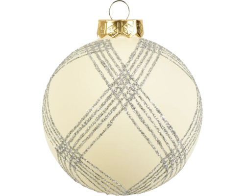 Crèmekleurige kerstbal met zilveren glitter-ruitpatroon en gouden ophanging.