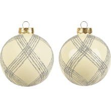 Kerstballen van glas in crème met zilveren glitter ruitpatroon en gouden kapje.