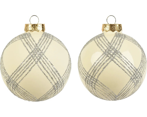 Kerstballen van glas in crème met zilveren glitter ruitpatroon en gouden kapje.