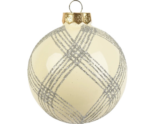 Crèmekleurige kerstbal van glas met zilveren glitterpatroon en goudkleurig ophangoog.