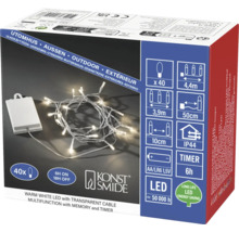 Konstsmide LED-lichtsnoer voor buiten, warmwit, 40 lampjes, transparante kabel, werkt op batterijen met timer.