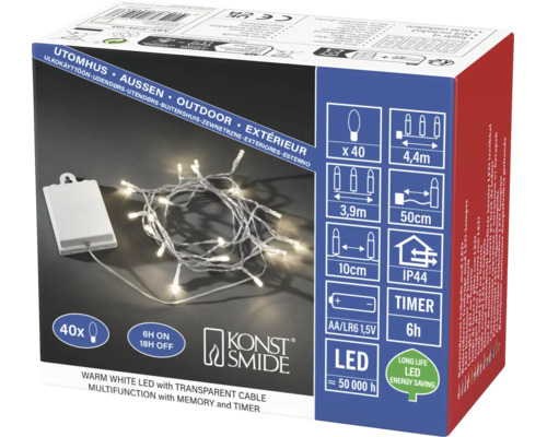 Konstsmide LED-lichtsnoer voor buiten, warmwit, 40 lampjes, transparante kabel, werkt op batterijen met timer.