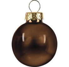 Glanzende bruine kerstbal van glas met een decoratieve metalen kap en ophanglus.