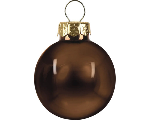 Glanzende bruine kerstbal van glas met een decoratieve metalen kap en ophanglus.