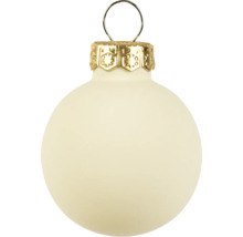 Matte glazen kerstbal in crèmewit met goudkleurig kapje en ophangoog.