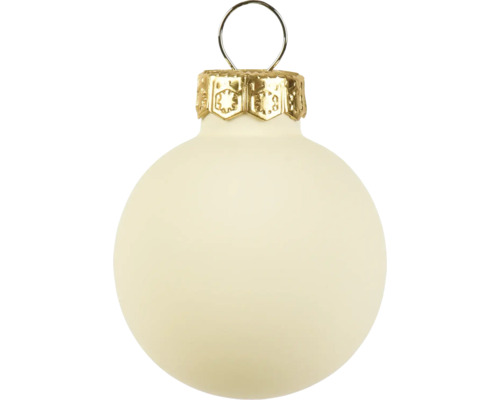 Matte glazen kerstbal in crèmewit met goudkleurig kapje en ophangoog.