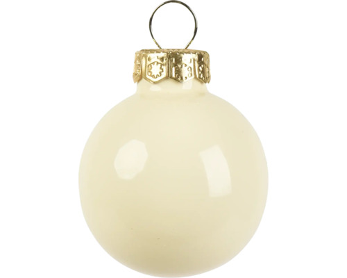 Glanzende kerstbal in crèmewit van glas met goudkleurige hanger.