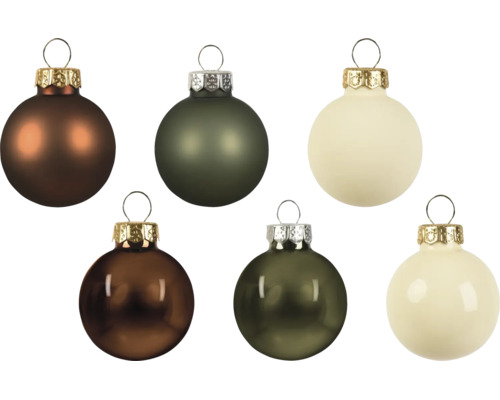 Set van zes kerstballen in matte en glanzende afwerkingen, in de kleuren bruin, groen en crème met metalen ophanging.