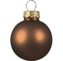 Glazen kerstbal, mat bruin, met goudkleurige kap en ophangoog.