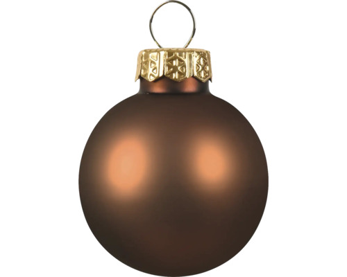 Glazen kerstbal, mat bruin, met goudkleurige kap en ophangoog.