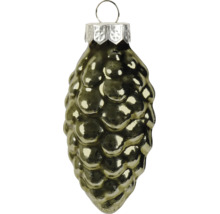 Goudkleurige kersthanger in de vorm van een dennenappel van glas met een metallic glans en ophangoog.