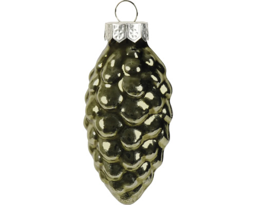 Goudkleurige kersthanger in de vorm van een dennenappel van glas met een metallic glans en ophangoog.