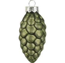 Kerstboomhanger in de vorm van een dennenappel van glas in mosgroen met zilveren kapje en oogje.
