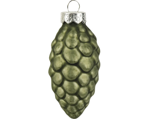 Kerstboomhanger in de vorm van een dennenappel van glas in mosgroen met zilveren kapje en oogje.