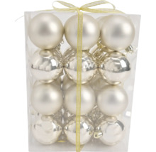 Set van 12 glazen kerstballen, mat en glanzend, in een transparante doos.