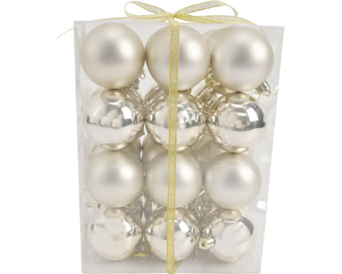 Set van 12 glazen kerstballen, mat en glanzend, in een transparante doos.