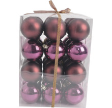 Set kerstballen in bessenkleur, mat en glanzend, verpakt in een transparante doos met strik.
