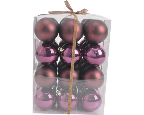 Set kerstballen in bessenkleur, mat en glanzend, verpakt in een transparante doos met strik.