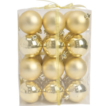 Set gouden kerstballen met matte en glanzende afwerking in een transparante doos met decoratief lint.