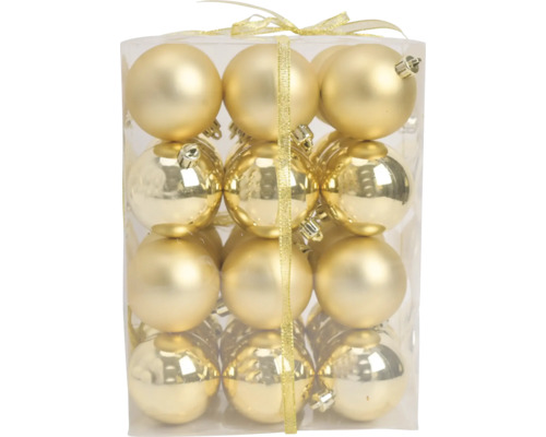 Set gouden kerstballen met matte en glanzende afwerking in een transparante doos met decoratief lint.