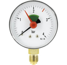 Manometer met een weergave van 0 tot 4 bar, markeringswijzer en een messing aansluiting.