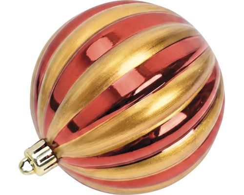 Gestreepte kerstbal van kunststof in rood en goud met ophangoog.