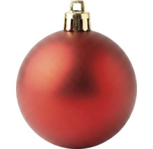 Matte rode kerstbal met gouden kapje en oogje.