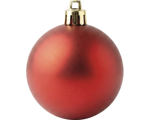 Matte rode kerstbal met gouden kapje en oogje.