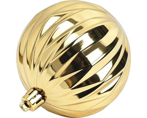 Gouden kerstbal met glanzende afwerking en reliëfpatroon.