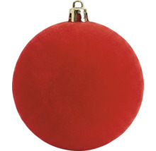 Rode kerstbal met fluweelachtige afwerking en goudkleurig oogje.