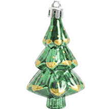 Groene kerstboomhanger in de vorm van een kerstboom van glas met gouden accenten en een ophangoog.