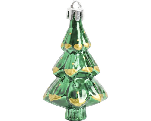 Groene kerstboomhanger in de vorm van een kerstboom van glas met gouden accenten en een ophangoog.