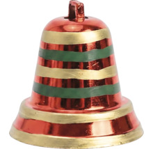 Kerstklok met horizontale strepen in rood, goud en groen.