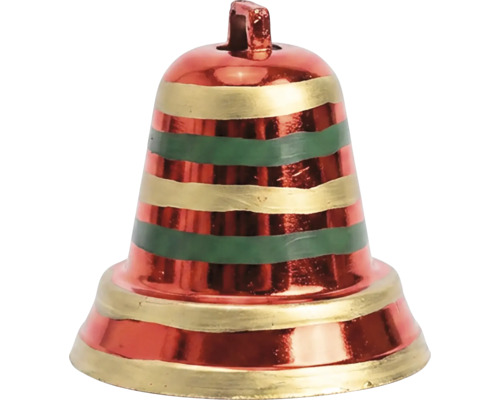 Kerstklok met horizontale strepen in rood, goud en groen.