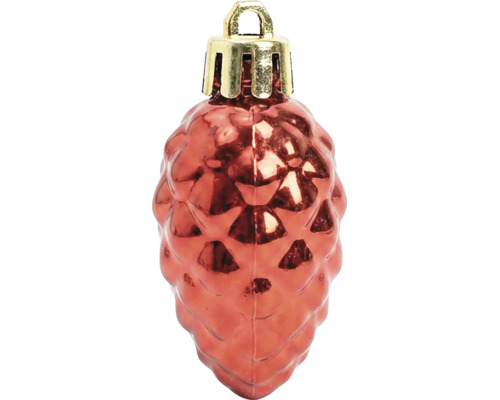 Kerstboomversiering in de vorm van een glanzend rode dennenappel met een gouden hanger.