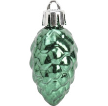 Groene kerstboomversiering in de vorm van een dennenappel van glanzend glas met zilveren hanger.