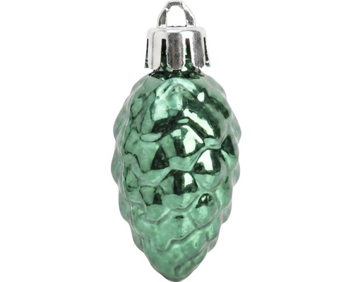 Groene kerstboomversiering in de vorm van een dennenappel van glanzend glas met zilveren hanger.