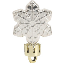 Kerstverlichting accessoire, decoratief opzetstuk in de vorm van een sneeuwvlok voor lichtsnoeren met goudkleurige voet.