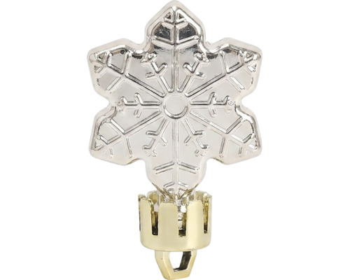 Kerstverlichting accessoire, decoratief opzetstuk in de vorm van een sneeuwvlok voor lichtsnoeren met goudkleurige voet.