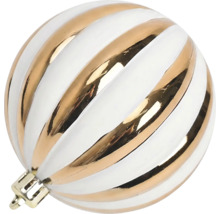 Gestreepte kerstbal in goud en wit.