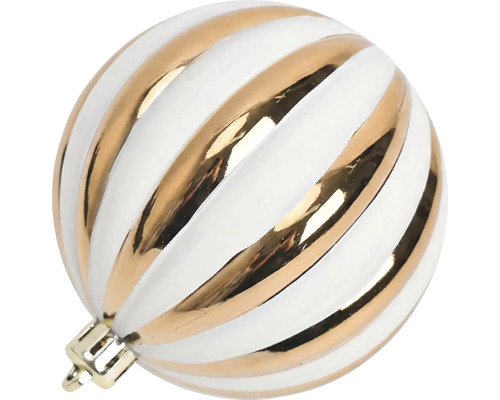Gestreepte kerstbal in goud en wit.