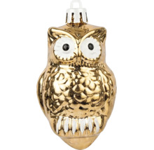 Kerstboomhanger uil van glas, goudkleurig met witte details.