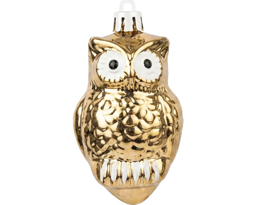 Kerstboomhanger uil van glas, goudkleurig met witte details.