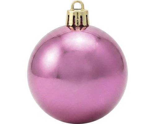 Glanzende roze kerstbal met goudkleurige ophanging.