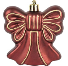 Rode kerstboomversiering in de vorm van een strik met gouden contouren.