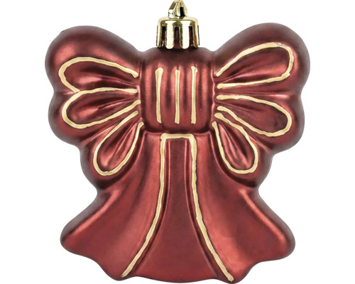 Rode kerstboomversiering in de vorm van een strik met gouden contouren.