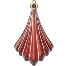 Kersthanger in kegelvorm met rood-witte strepen, geribbelde textuur en gouden ophanging.